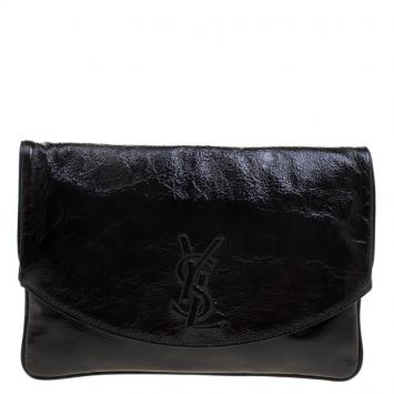 Pre Owned Saint Laurent Paris Black Patent Leather Foldover Clutch