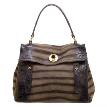 Pre Owned Saint Laurent Paris Brown Croc Embossed Leather Medium Muse Two Satchel