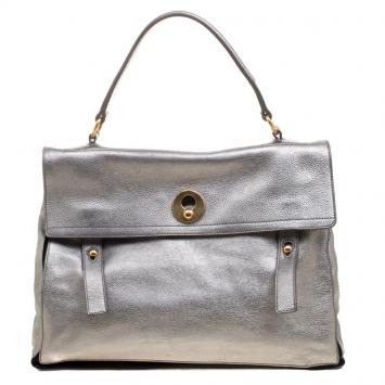 Pre Owned Saint Laurent Paris Silver Leather Large Muse Two Satchel