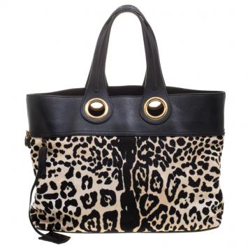 Pre Owned Saint Laurent Paris Black Leopard Print Canvas and Leather Palma Tote