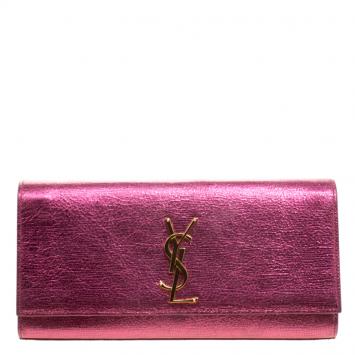 Pre Owned Saint Laurent Paris Metallic Pink Leather Cassandre Clutch