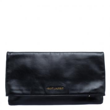 Pre Owned Saint Laurent Paris Black Leather Large Foldover Clutch