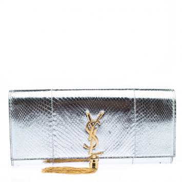 Pre Owned Saint Laurent Paris Silver Python Kate Tassel Clutch
