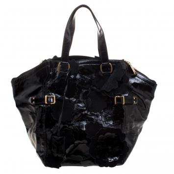 Pre Owned Saint Laurent Black Patent Leather Large Floral Applique Downtown Tote