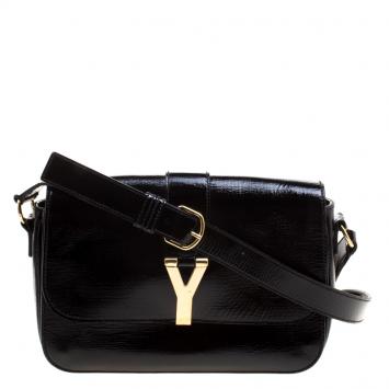 Pre Owned Saint Laurent Black Textured Patent Leather Large Chyc Shoulder Bag