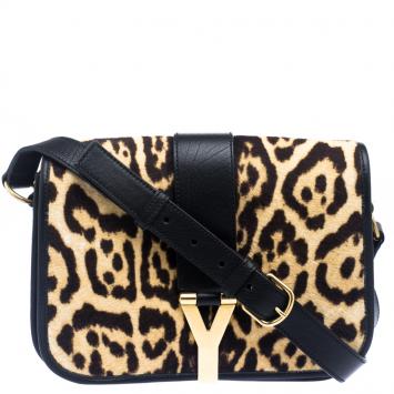 Pre Owned Saint Laurent Beige Leopard Print Calfhair Chyc Flap Shoudler Bag