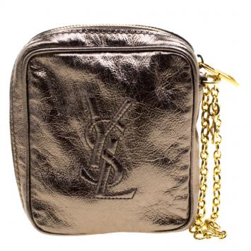 Pre Owned Saint Laurent Bronze Leather Mini Belle de Jour Wristlet Bag