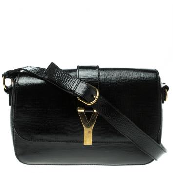Pre Owned Saint Laurent Black Textured Patent Leather Large Chyc Shoulder Bag