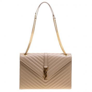 Pre Owned Saint Laurent Light Brown Matelasse Leather Cassandre Shoulder Bag