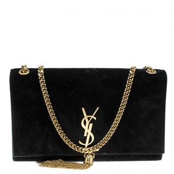 Pre Owned Saint Laurent Black Suede Large Cassandre Tassel Shoulder Bag