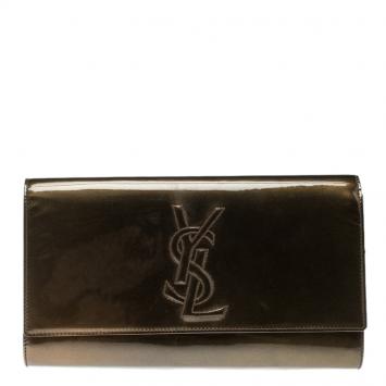 Pre Owned Saint Laurent Olive Green Patent Leather Belle De Jour Flap Clutch