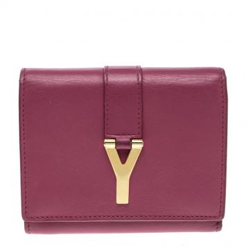Pre Owned Saint Laurent Pink Leather Y Line Compact Wallet
