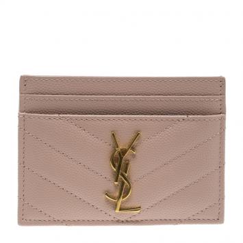 Pre Owned Saint Laurent Blush Pink Monogram Matelasse Leather Logo Card Holder