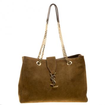 Pre Owned Saint Laurent Brown Suede Cassandre Chain Strap Shopper Tote