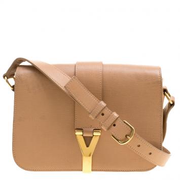 Pre Owned Saint Laurent Paris Beige Leather Ligne Y Charm Crossbody Bag 