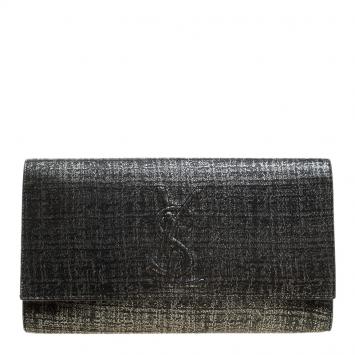 Pre Owned Saint Laurent Silver/Black Shimmering Canvas Belle De Jour Clutch