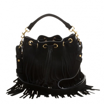 Pre Owned Saint Laurent Paris Black Suede Small Emmanuelle Fringed Bucket Bag