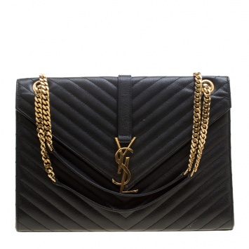 Pre Owned Saint Laurent Black Matelasse Leather Cassandre Shoulder Bag