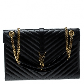 Pre Owned Saint Laurent Black Matelasse Leather Large Cassandre Flap Bag
