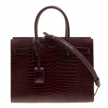 Pre Owned Saint Laurent Burgundy Croc Embossed Leather Baby Classic Sac De Jour Tote