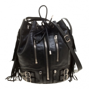 Pre Owned Saint Laurent Black Leather Rider Bucket Bag 