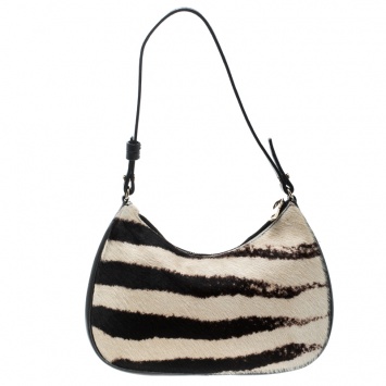 Pre Owned Saint Laurent Paris Black /Off White Zebra Print Pony Hair and Leather Hobo