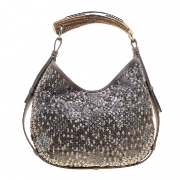 Pre Owned Saint Laurent Grey Sequins and Satin Mombasa Shoulder Bag