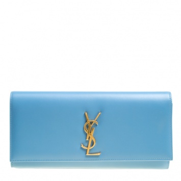 Pre Owned Saint Laurent Teal Blue Leather Cassandre Clutch