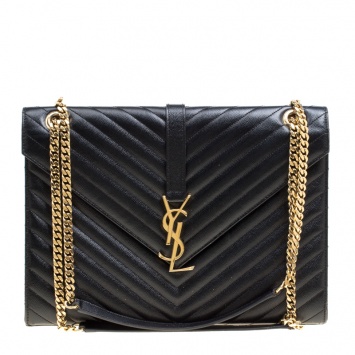 Pre Owned Saint Laurent Black Matelasse Leather Large Cassandre Flap Bag
