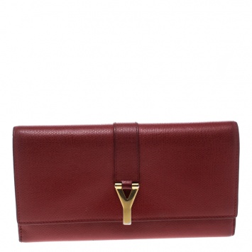 Pre Owned Saint Laurent Red Leather Y Line Continental Wallet