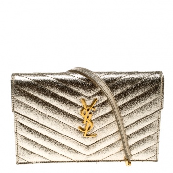Pre Owned Saint Laurent Gold Leather Cassandre Chain Clutch