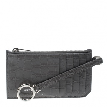 Pre Owned Saint Laurent Grey Croc Embossed Card Holder 