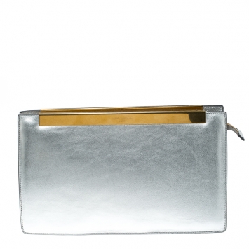 Pre Owned Saint Laurent Paris Metallic Silver Leather Lutetia Clutch