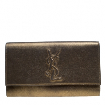 Pre Owned Saint Laurent Metallic Olive Green Leather Belle De Jour Flap Clutch