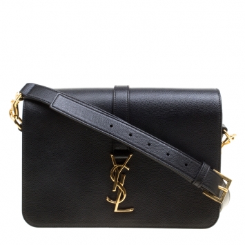 Pre Owned Saint Laurent Black Leather Medium Monogram Université Flap Shoulder Bag