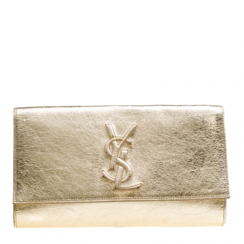 Pre Owned Saint Laurent Metallic Gold Patent Leather Belle De Jour Flap Clutch