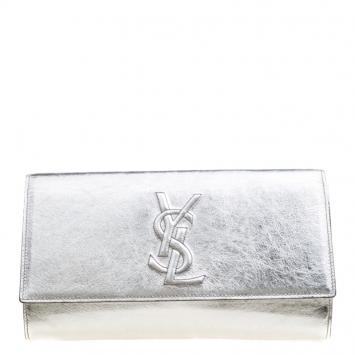 Pre Owned Saint Laurent Metallic Silver Belle De Jour Flap Clutch