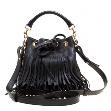 Pre Owned Saint Laurent Black Leather Small Emmanuelle Fringed Bucket Bag