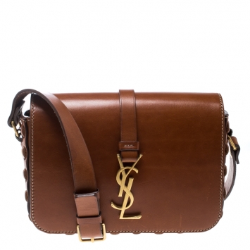 Pre Owned Saint Laurent Brown Leather Medium Monogram Université Flap Shoulder Bag