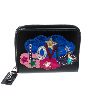 Pre Owned Saint Laurent Black Leather Love Patched Zip Wallet 