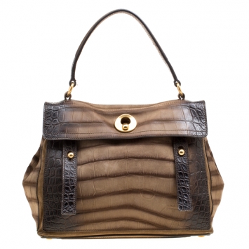 Pre Owned Saint Laurent Khaki Green/Brown Croc Embossed Nubuck Leather and Suede Medium Muse Two Satchel