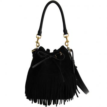 Pre Owned Saint Laurent Paris Black Suede Emmanuelle Fringe Bucket Bag