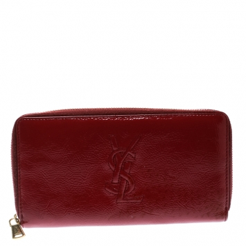 Pre Owned Saint Laurent Burgundy Patent Leather Bell De Jour Zip Around Wallet