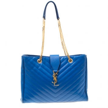 Pre Owned Saint Laurent Blue Matelasse Leather Cassandre Tote