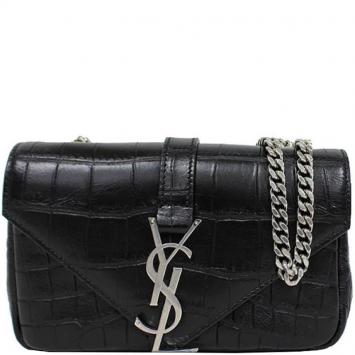 Pre Owned Saint Laurent Paris Black Croc Embossed Leather Classic Baby Monogram Chain Bag