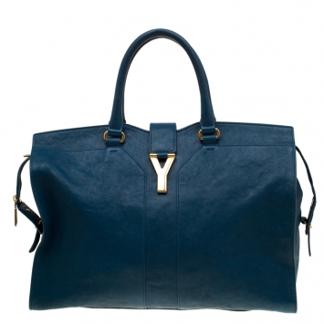 Pre Owned Saint Laurent Blue Leather Large Cabas Chyc  Tote