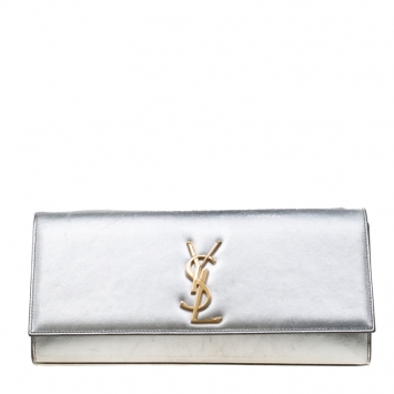 Pre Owned Saint Laurent Silver Leather Monogram Cassandre Clutch