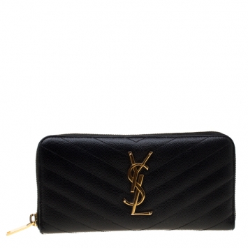 Pre Owned Saint Laurent Black Leather Monogram Zip Around Wallet