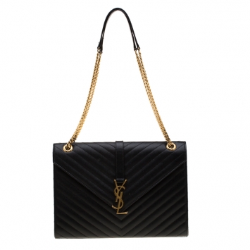 Pre Owned Saint Laurent Black Leather Monogram Envelope Shoulder Bag