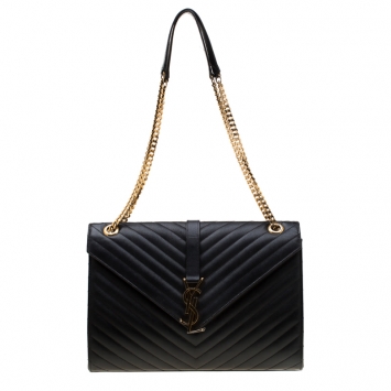 Pre Owned Saint Laurent Black Leather Monogram Envelope Shoulder Bag
